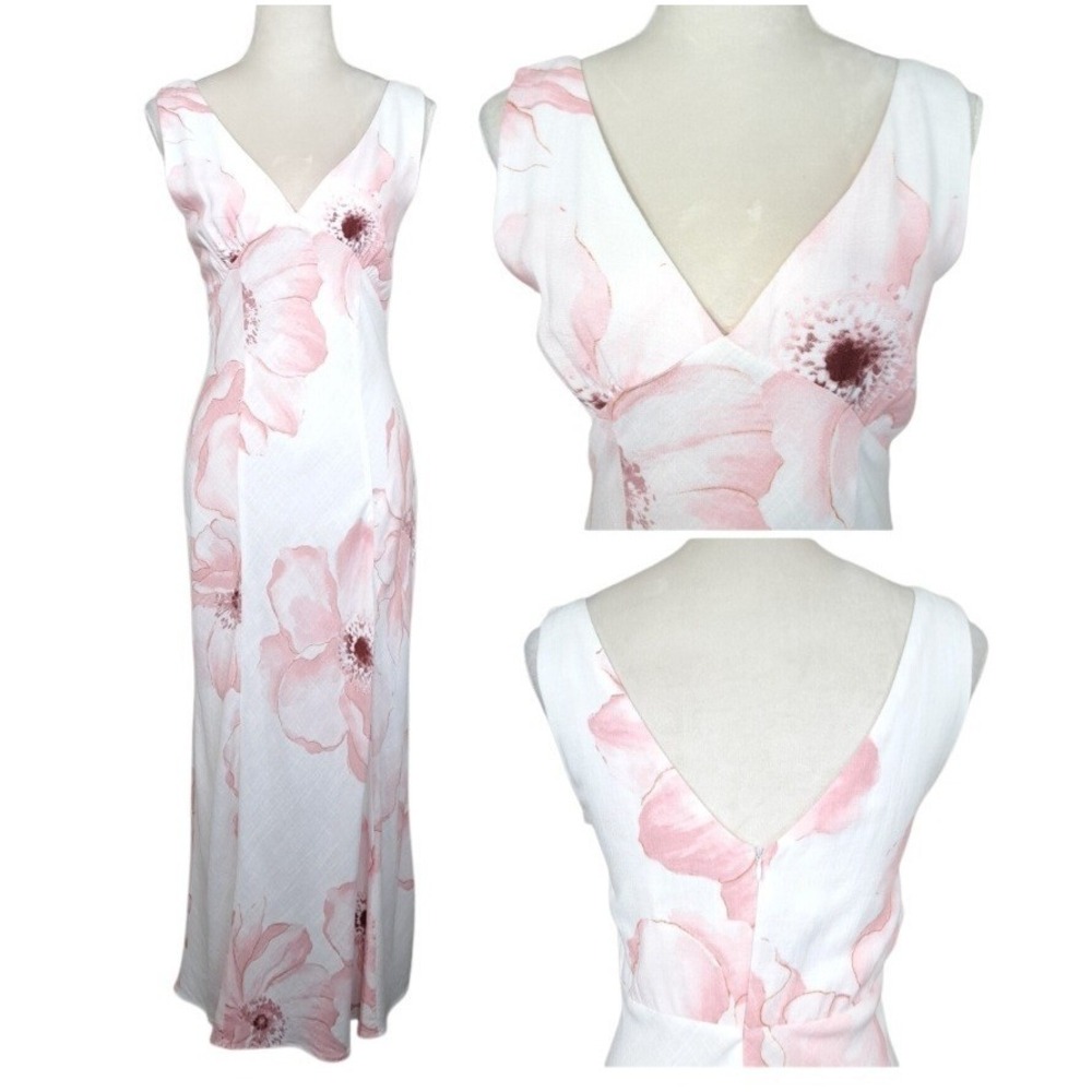 Paper Heart Maxi Dress Size Medium White/Pink Floral Linen Blend Sleeveless Boho